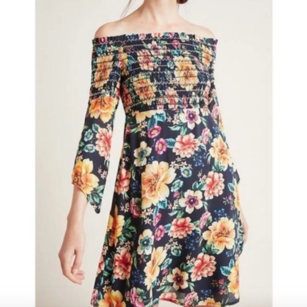 Farm Rio Floral Smocked Off The Shoulder Bell Sleeve Sasha Mini Dress, Size XS